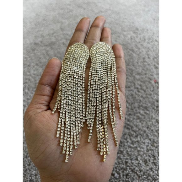 Large clear earrings fringe gold tone  bridal  big , oversized crystal earrings - Picture 7 of 9